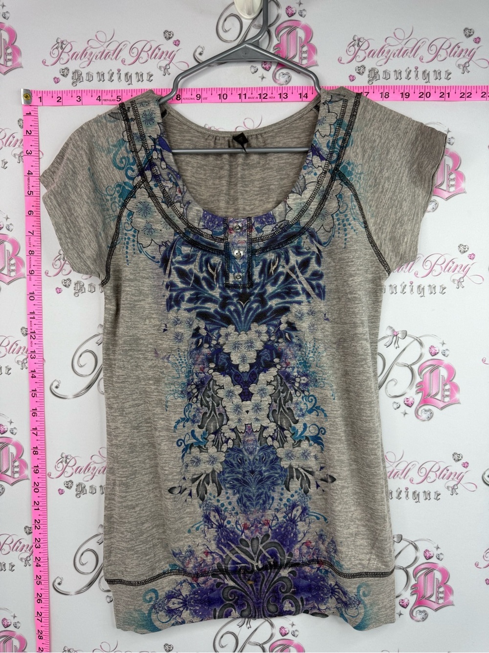 Denver Hayes shirt blue Gray Short Sleeve Top with Blue and Purple Floral Print